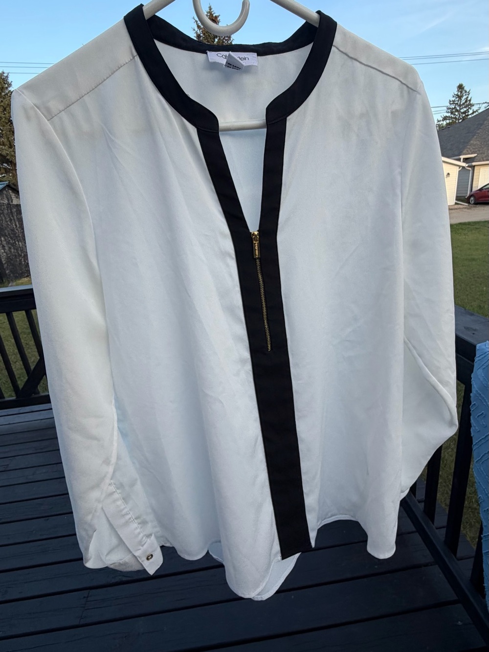 Calvin Klein White Blouse with Black Trim and Gold Zip Accent